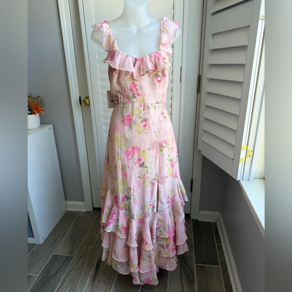 Birdy Grey Pink Floral Ruffle Maxi Dress
